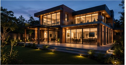Modern renovated home with exterior lighting